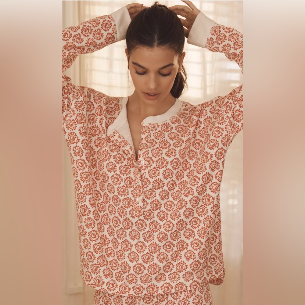 By Anthropologie Long-Sleeve Waffle Knit Pajama Top red/cream - size S - Henley - Picture 2 of 9